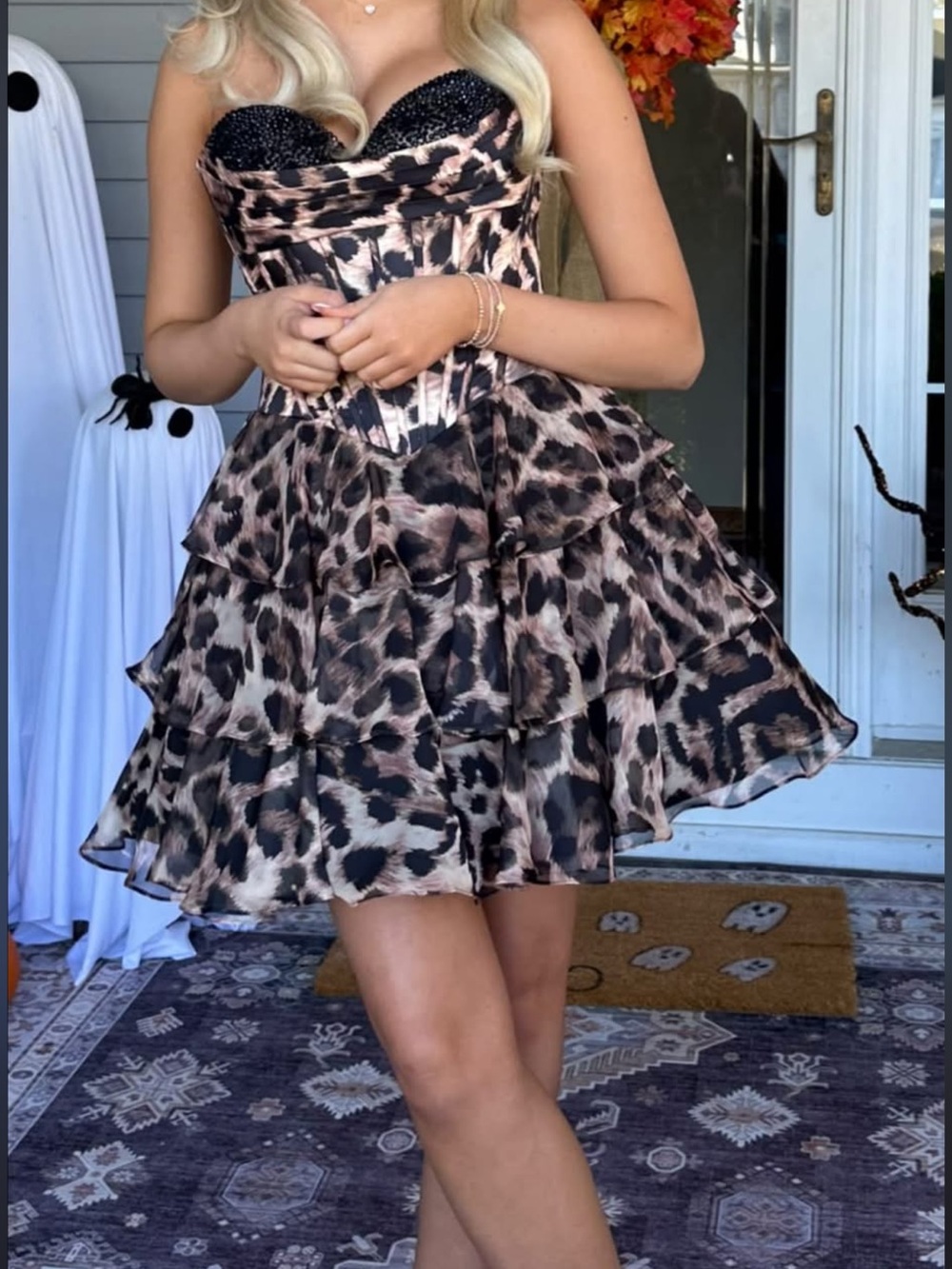 Strapless Leopard Print Tiered Ruffle Dress - Black & Brown